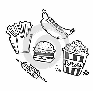 Hand drawn collection of fast food icons. Food and drink concept. Vector illustration design