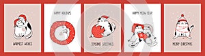 Hand drawn collection greeting cards and posters with cute cats for Christmas and New Year.