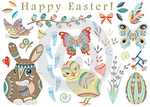 Hand drawn collection with Happy Easter holiday traditional symbols and objects - rabbit, egg, flowers, decorations