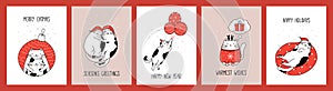 Hand drawn collection invitation greeting cards and posters with cute cats for Christmas and New Year