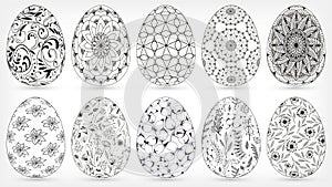 Hand drawn collection of many ornamental eggs with floral patterns, mandala, curls, flowers, leaves, plants, geometric. Decorative