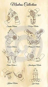 Hand drawn collection with mudras on two hands on textured background
