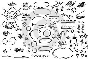 A hand-drawn collection of sketch underline, emphasis, arrow shape set. crown, speech bubble