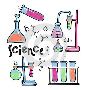 Hand drawn color chemistry and science icons set. Collection of laboratory equipment in doodle style. Kid chemistry and science