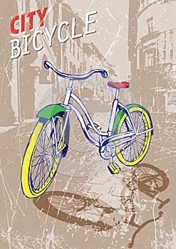 Hand drawn color city bike in ancient street. vector illustration