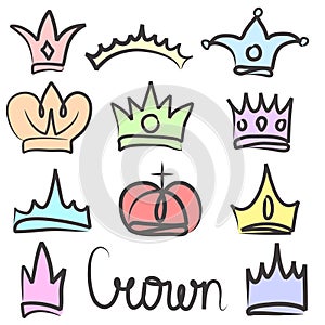 Hand drawn color crowns logo and icon design set collection