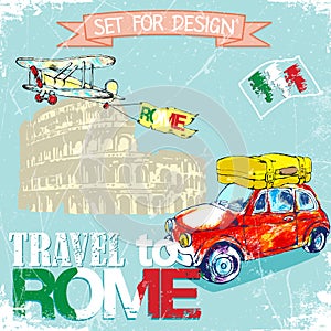 Hand drawn , color penÑil funny red car, background trip to Rome