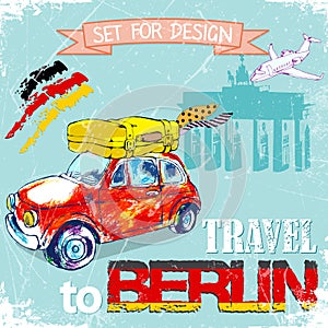 Hand drawn , color penÑil funny red car, travel to Berlin.vector illustration