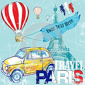 Hand drawn, color penÑil funny yellow car, travel to Paris, air ballon