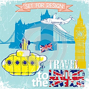 Hand drawn , color penÑil yellow Submarine, travel to the United Kingdom .vector illustration