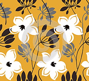 Hand drawn color vector seamless pattern. Abstract flowers with leaves, sketch drawing. Scandinavian style cartoon floral texture.
