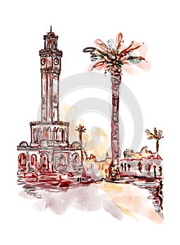 Hand-drawn color vector sketch of Konak Promenade, in Izmir, Turkey. Frontal view of the Izmir Clock Tower, landmark of