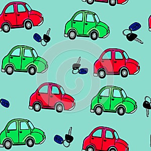 Hand drawn colored retro cars and keyes pattern  techno patterns