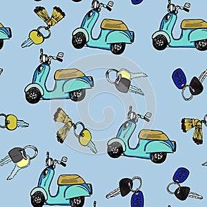 Hand drawn colored scooter with keyes pattern light blue