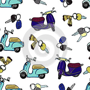 Hand drawn colored scooters and keyrings pattern  qt breloques