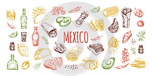 Hand-drawn colored set of realistic mexican dishes and products. Vintage sketch drawings of Latin American cuisine. Vector ink