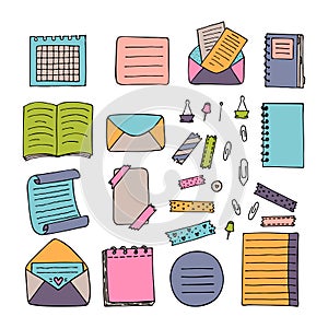 Hand drawn colored sheets of paper, documents, envelopes, notebook. Stationery. Blank notes