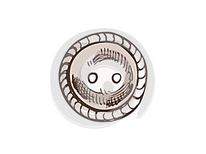 Hand-drawn colored sketch of round sewing button. Handmade, sewing equipment concept in vintage doodle style. Engraving style