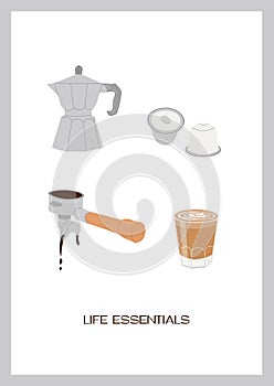 Hand drawn colored trendy minimalist poster with coffee portafilter, moka pot, capsules and hot freshly brewed specialty