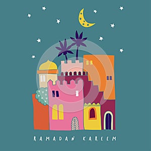Hand drawn colorful arab houses with moon and stars. Moroccan or mideast town. Greeting card, invitation for Muslim photo