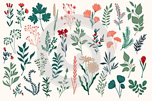 Hand drawn colorful botanical design pack.