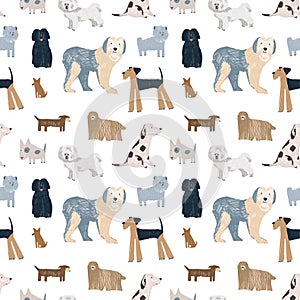 Hand-drawn colorful childish simple seamless pattern with dogs in Scandinavian flat cartoon style isolated on white