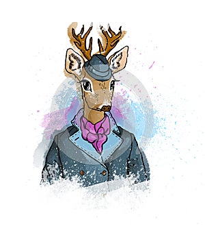 Hand drawn colorful cute hipster deer in Ð° vintage stylish gent