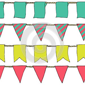 Hand drawn colorful doodle bunting banners horizontal seamless pattern. Doodle banner seamless pattern, bunting flags, border sket