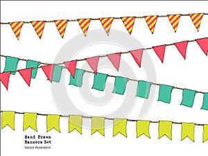 Hand drawn colorful doodle bunting banners set for decoration. Doodle banner set, bunting flags, border sketch. Decorative element