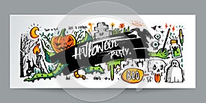 Hand drawn colorful doodle style Halloween and calligraphy, post