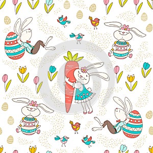 Hand drawn colorful Easter bunny, eggs, birds in doodle style