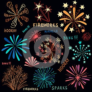Hand drawn colorful fireworks set