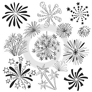 Hand drawn colorful fireworks set