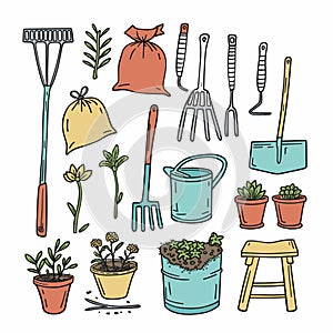 Hand drawn colorful gardening tools plants doodle set isolated white background. Collection garden