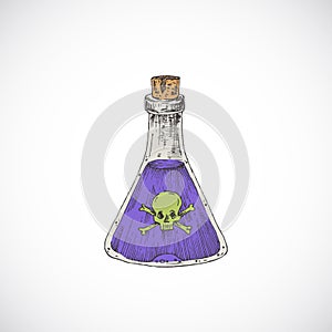 Hand Drawn Colorful Halloween Witch Poison or Pottion Flask Bottle with Scull and Bones. Abstract Vector Illustration