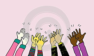 Hand drawn colorful of hands clapping ovation. applause, thumbs up gesture on doodle hands up