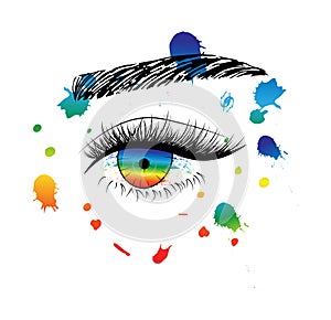 Hand drawn colorful LGBTQ pride symbol with eye and eyebrow, isolated on transparent background and grunge texture.