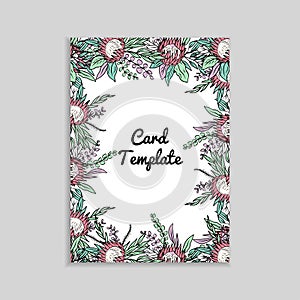 Hand drawn colorful line art protea flower tropical rectangle vertical frame