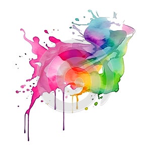 Hand drawn colorful liquid watercolor splash splatter stain brush strokes on white background. Modern artistic aquarelle spot.