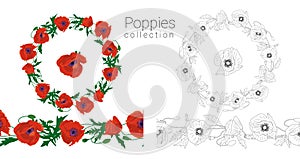 Hand drawn colorful and monochrome poppy flowers circular wreath and seamless brush. Floral design element. Isolated on