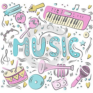 Hand drawn colorful music background. Doodle musical instruments.
