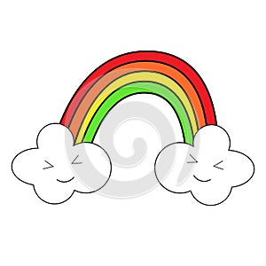 Hand drawn colorful rainbow and clouds on white background with black outline photo