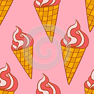 Hand drawn colorful seamless pattern with strawberry ice cream in the waffle cone