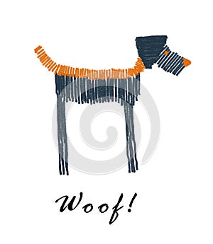 Hand-drawn colorful simple illustration with cute dog and woof in Scandinavian flat cartoon style isolated on white