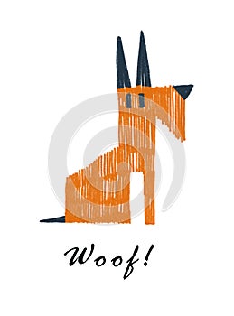 Hand-drawn colorful simple illustration with cute sitting dog and woof in Scandinavian flat cartoon style isolated on