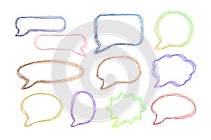 Hand-drawn, colorful speech bubbles different shapes. Vector