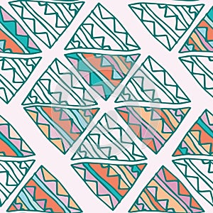 Hand drawn colorful triangle seamless pattern with green, pink, blue, orange details. Doodle triangles on beige.