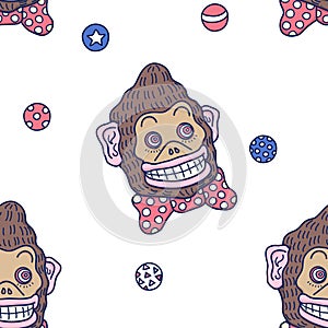 Hand drawn colorful vector background illustration of joggling crazy funny brown circus monkey with red tie and joggler balls