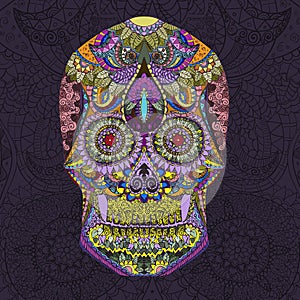 Hand drawn Colorful vector Scull with floral ornament