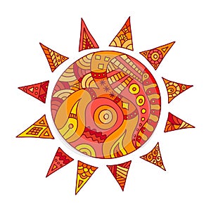 Hand drawn colorful vector sun. Decorative design element.